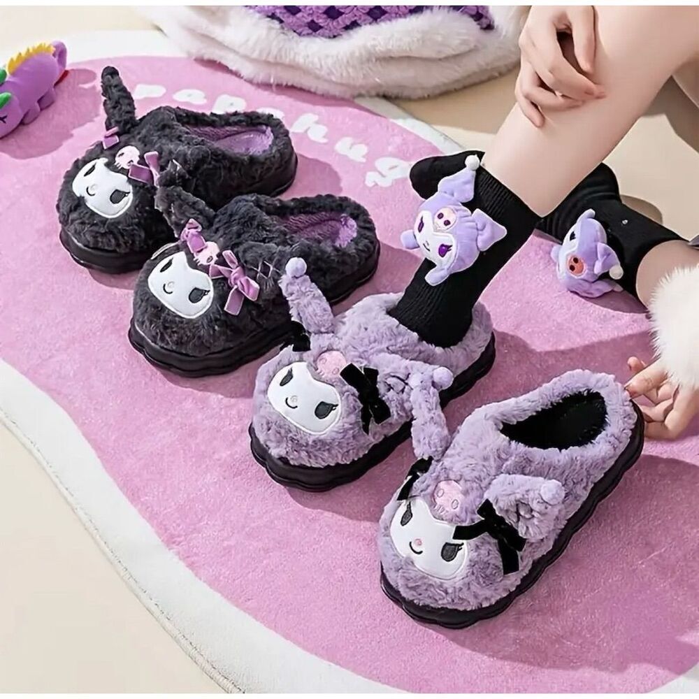 Sanrio Kuromi Plush Slippers Black 7.5 Kawaii Cozy Slide On Y2k Trendy Comfy - Picture 6 of 8